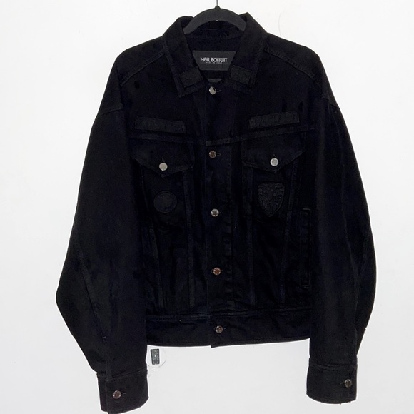 Neil Barrett Denim Trucker Jacket Black w Patches NWOT Men’s L UNI​​​​​